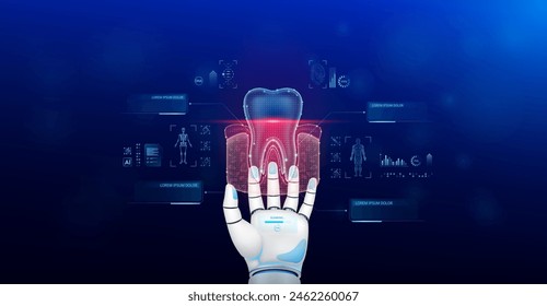 El doctor robot de escaneo de dientes de encías diagnostica la enfermedad en la mano. Pantalla de interfaz digital del sistema de resonancia magnética del cuerpo humano análisis de ADN de órganos. Innovación futura en salud. Tecnología médica de Ciencia. Vector.