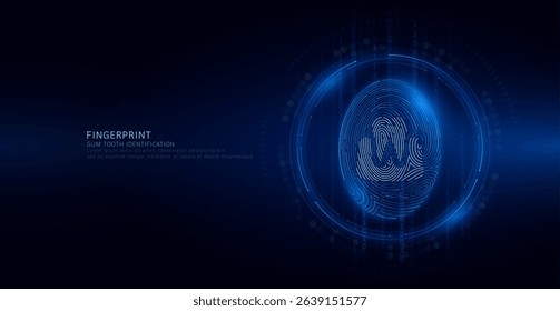 Gum tooth symbol in fingerprint glowing on binary code background. Biometrics identification and approval. Medical digital technology. Security system data protection. Banner vector EPS10.
