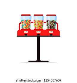 Gumball or candies vending machine with colorful bubble gum, sweetness, sweetmeat isolated on white. Triple vendor machine front view automatic seller. Candy dispenser flat vector illustration