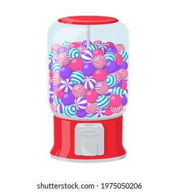 Gumball machine, dispenser with striped bubble gums isolated on white background. Vector cartoon illustration of red vending machine with clear container full of round chewing candies and sweets