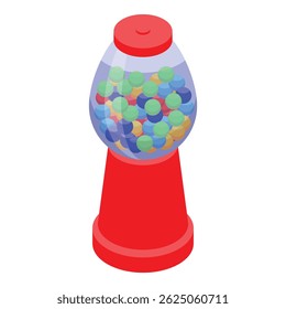 Gumball machine filled with colorful candy, in isometric view, ready to dispense a sweet treat