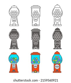 Gumball machine icon set. Retro vending dispenser for candies and bubblegums. Sweets slot vector illustration isolated on white background