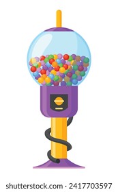 Icono de la máquina de Gumball. Dispensador transparente de caramelos de vidrio redondo con chicle de burbujas de colores. Máquina expendedora. Moneda de un pene con bolas de caramelo. Ilustración del vector aislada en blanco