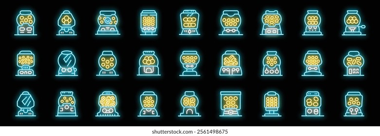 Gumball machine icons set featuring various designs of chewing gum vending machines illuminated by neon lights