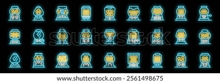 Gumball machine icons set featuring various designs of chewing gum vending machines illuminated by neon lights