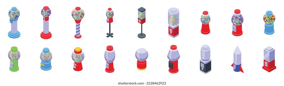 Gumball machine icons set. This set features gumball machines in various shapes and sizes, showcasing their iconic designs and the sweet treats they hold