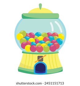 gumball machine isolated vector; flat design of gumball machine vector; multicolored dispensor with buble gum