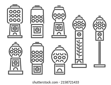 Conjunto de iconos de la línea de la máquina auxiliar. Dispensador retro para caramelos y soplones. Dibujo vectorial de ranura dulce aislado en fondo blanco