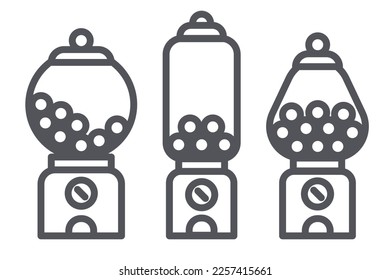 Gumball machine line icon set. Retro vending dispenser for candies and bubblegums. Sweets slot vector illustration isolated on white background.