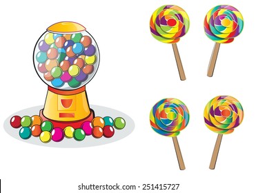 Gumball machine and Lollipop isolated, doodle style