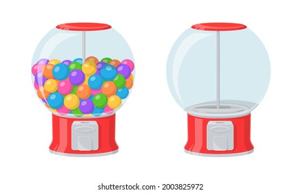 Gumball machine, red dispenser with colored bubble gums and sweets. Vector cartoon set of empty vending machine and full of round chewing candies isolated on white background