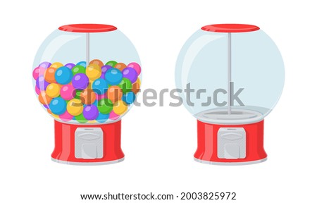 Gumball machine, red dispenser with colored bubble gums and sweets. Vector cartoon set of empty vending machine and full of round chewing candies isolated on white background