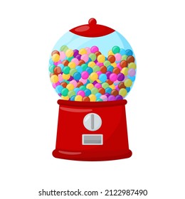 Gumball machine. Transparent round glass candy dispenser with colorful bubble gum. Vector illustration flat icon isolated on white.