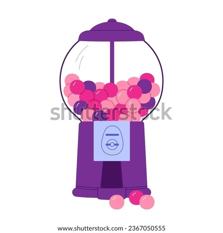 Gumball vending machine. Candy bubble gum machine with coin slot. Dispenser with sweet chewing candy. Vector illustration in cartoon style. Isolated white background.