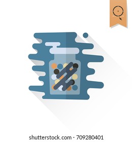 Gumballs in a Jar. Dessert Icon in Simple, Minimalistic and Modern Flat Design Style for Candy Shop. Retro Color. Long Shadow