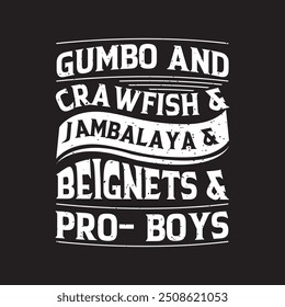 Peixe GUMBO e Craw Jambalaya beignets pro meninos. Peixe cru retro vintage com grunge. Peixe cru Design com slogan tipografia design.