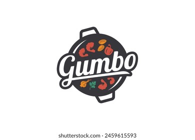 gumbo logo with a combination of gumbo dishes featuring shrimp, peppers, onions, celery, clams with beautiful lettering. This logo is suitable for restaurants, food trucks, cafes, etc.