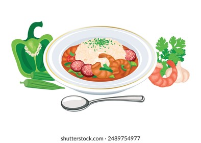 Gumbo soup with shrimp, sausage and rice vector illustration. Plate of soup with vegetables, okra, green bell pepper, sausage, and shrimp icon isolated on a white background. Classic meal in Louisiana