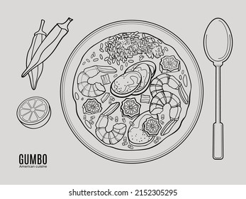 Gumbo soup with shrimps, sausage, okra, green onion and rice served on a plate with a spoon. Outlane doodle illustration for cafe and restaurant menu. Top view. American cuisine.