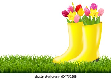 Gumboot With Green Grass And Tulips With Gradient Mesh, Vector Illustration