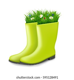 Gumboots With Grass With Gradient Mesh, Vector Illustration