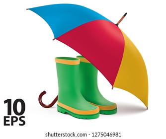 Gumboots and open umbrella. Rain green boots, colorful umbrella isolated on white background. Realistic vector 3d illustration
