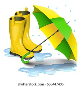 Gumboots and open umbrella. Rain yellow boots in puddles, green and yellow umbrella isolated on white background. Realistic vector illustration