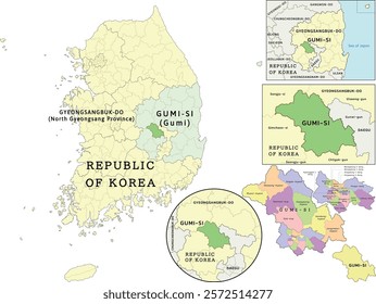 Gumi-si (Gumi) location on Gyeongsangbuk-do (North Gyeongsang Province) and Republic of Korea (South Korea) map. Colored. Vectored