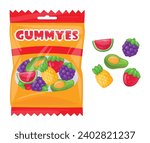 Gummies package. Cartoon fruit flavored jelly marmalade packaging, tasty sweets in plastic bag flat vector illustration. Chewy sweets pack