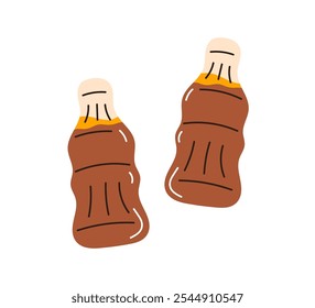 Gomitas, dulces de botella de refresco. Dulces de gelatina masticables, en forma de bebida. Bocadillo de azúcar, bocado, postre. Golosina azucarada suave, mermelada de chicles, confitería. Ilustración vectorial plana aislada sobre fondo blanco.