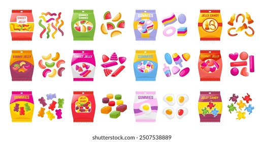 Gummies sweets. Cartoon jellies candies, sweet marmalade candy packs. Juicy desserts, jelly fruits worms bears berries, neoteric vector set