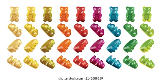 Gummy Bear Candy from different angles and position isolated on white. Colorful Jelly Bears vector illustration.