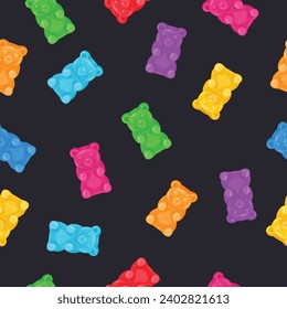 Gummy bear pattern. Cartoon chewy jelly candies, gummy bear marmalade flat vector seamless background illustration. Jelly sweets endless pattern