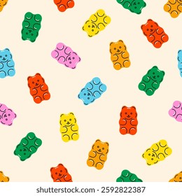 Gummy bear pattern. Jelly bears seamless print, colorful sweet gelatin candy, cartoon cute children sweets background for wrapping packaging design. Vector texture.