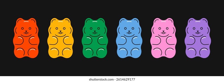 Gummy bear set. Sweet teddy bears kids sweet jelly candy, cute colorful sugar chewing dessert, delicious fruit flavors gelatin snacks bear toy shape. Vector cartoon collection.