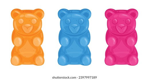 Gummy bears. Cartoon jelly candy, fruity chewy multi colored sweets in shape of bear flat vector illustration set. Cute gummy bears collection