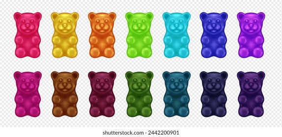 Gummy bears of different tastes 3d realistic vector illustration set. Chewing vitamins creative design. Candy animals on transparent background