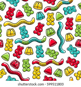 Gummy Bears And Jelly Worms Seamless Pattern. Sweets Background. Hand Drawn Doodle Sketch.