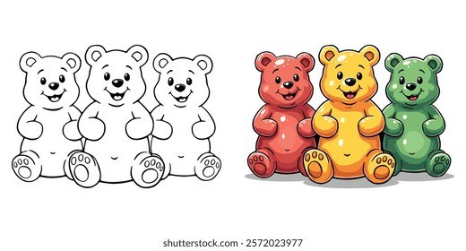 Gummy Bears Line Art Vector Illustration Black and White with Coloring Sample. Bold and Easy Food, Sweets, Drinks, Dessert, and Snacks Coloring Pages for Adults and Kids.