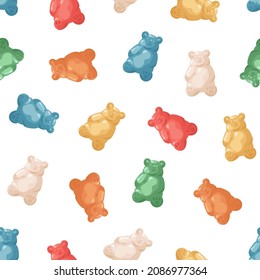 Gummy bears pattern. Seamless background with sweet jelly babies print. Endless texture with fruit gum candies. Funny sugar gelatins, repeating design. Colored flat vector illustration for wrapping