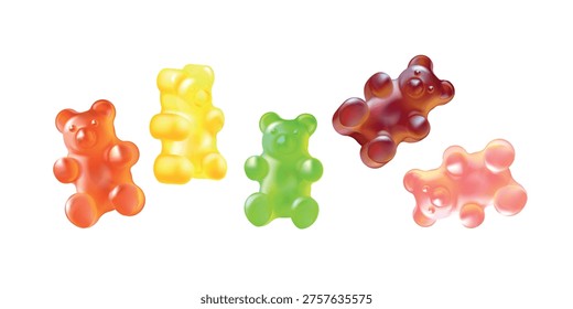 Gummy bears. Realistic jelly bear candy, sweet sugar gum fruit dessert vitamins taste glossy assorted colorful rainbow confectionery marmalade snack, 3d exact vector illustration