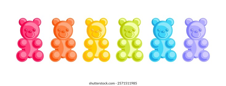 Gummy bears, shaped like adorable animals. These vibrant gelatin candies burst, fruity and berry flavors, offering a delightful selection of classic sugary treats. Vector illustration included.