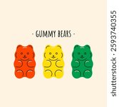 Gummy bears. Sweet teddy bear jelly candies, colorful kids sugar chewing dessert, cute delicious gelatin snacks bear toy shape fruit flavors. Vector cartoon set