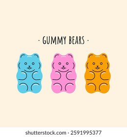 Gummy bears. Sweet teddy bear kids jelly candy, colorful sugar chewing dessert, cute delicious fruit flavors gelatin snacks bear toy shape. Vector cartoon set