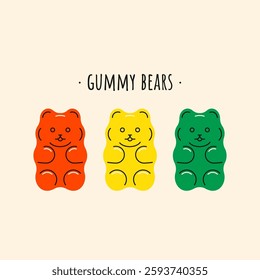 Gummy bears. Sweet teddy bear jelly candies, colorful kids sugar chewing dessert, cute delicious gelatin snacks bear toy shape fruit flavors. Vector cartoon set