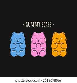 Gummy bears. Sweet teddy bear kids jelly candy, colorful sugar chewing dessert, cute delicious fruit flavors gelatin sweet snacks bear toy shape. Vector cartoon set.