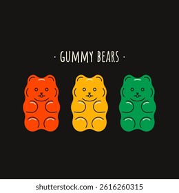 Gummy bears. Sweet teddy bear jelly candies, colorful kids sugar chewing dessert, cute delicious gelatin sweet snacks bear toy shape fruit flavors. Vector cartoon set.