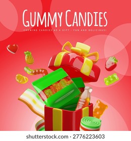 Gummy candies 3D cartoon vector advertising design. Red gift box with chewy jelly surprise present fun and delicious. Realistic heart, bear, coca cola, fruit and berries shapes bright marmalades prize