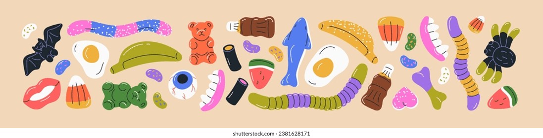 Gummy candies, jelly sweets set. Chewy fruit gums, marmalades of bear, worm, teeth, egg and beans shapes. Sugar food, gelatin snacks. Cute chewable confectionery. Isolated flat vector illustrations