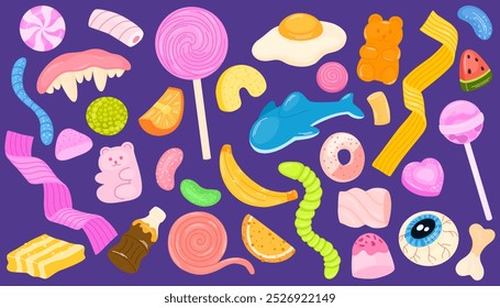 Caramelos de goma, conjunto de dulces de gelatina. Gomas de fruta masticables, mermeladas de Formas de oso, gusano, dientes, huevo y frijoles. Comida azucarada, bocadillos de gelatina. Linda confitería masticable. Ilustraciones vectoriales planas aisladas